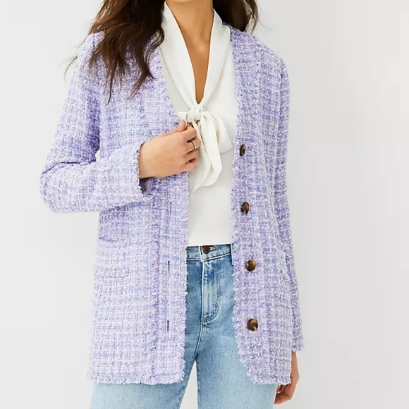 Ann Taylor Petite Career Workwear Tweed Fringe Lined Cardigan Jacket Lavender 4P - Picture 1 of 15
